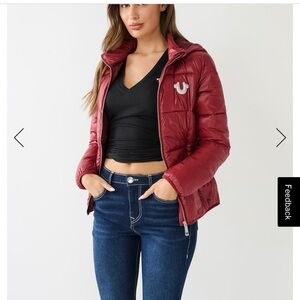 True Religion Women's Red Puffer Jacket horseshoe logo